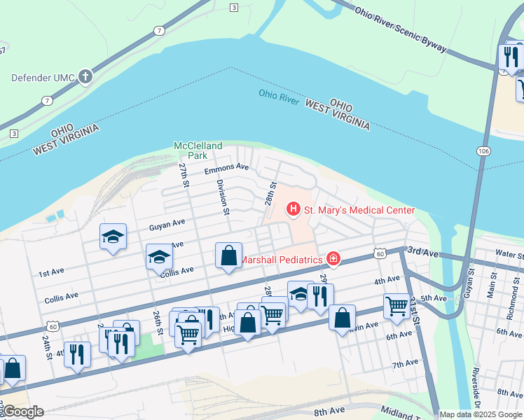 map of restaurants, bars, coffee shops, grocery stores, and more near 99 28th Street in Huntington