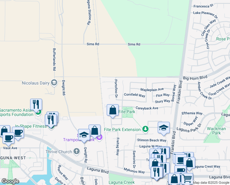 map of restaurants, bars, coffee shops, grocery stores, and more near 8925 Portofino Drive in Elk Grove