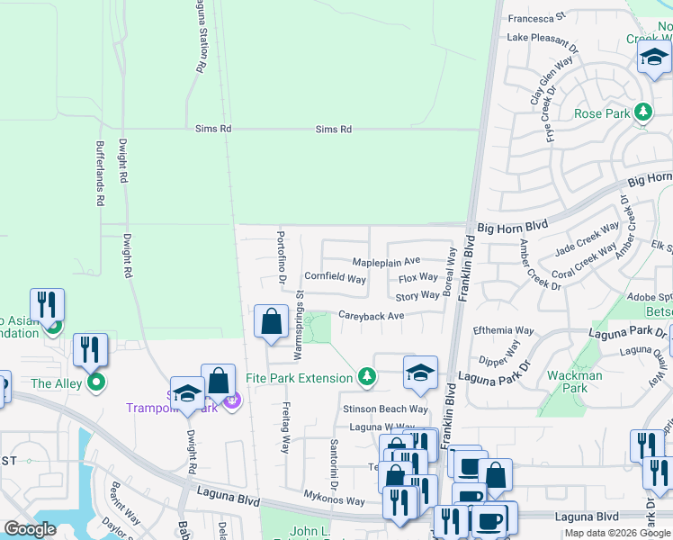 map of restaurants, bars, coffee shops, grocery stores, and more near 4413 Cornfield Way in Elk Grove