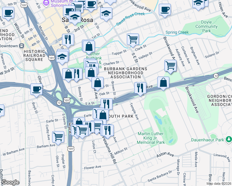 map of restaurants, bars, coffee shops, grocery stores, and more near 610 Brown Street in Santa Rosa