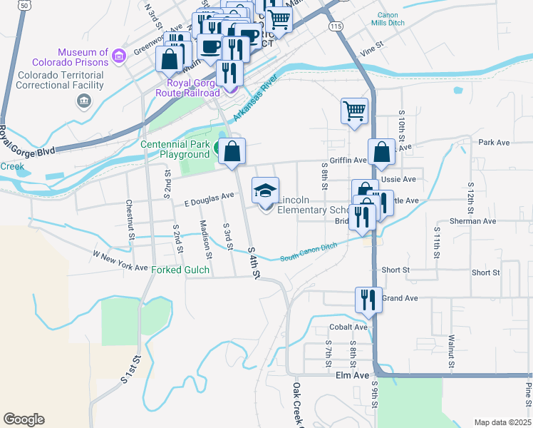 map of restaurants, bars, coffee shops, grocery stores, and more near 420 Myrtle Avenue in Cañon City