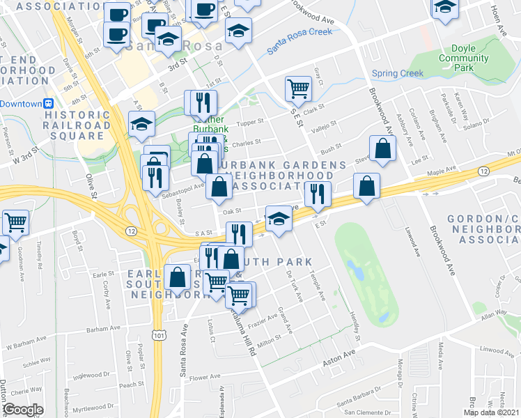 map of restaurants, bars, coffee shops, grocery stores, and more near 610 Brown Street in Santa Rosa