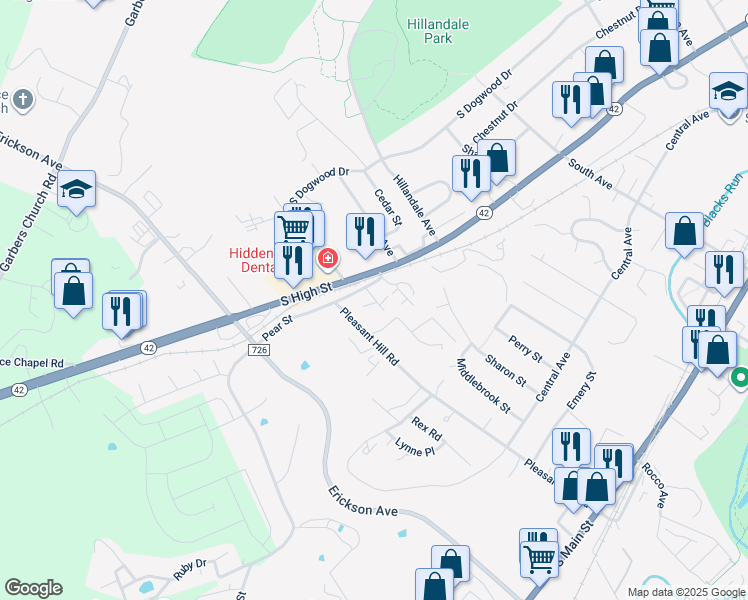 map of restaurants, bars, coffee shops, grocery stores, and more near 1781 Pear Street in Harrisonburg