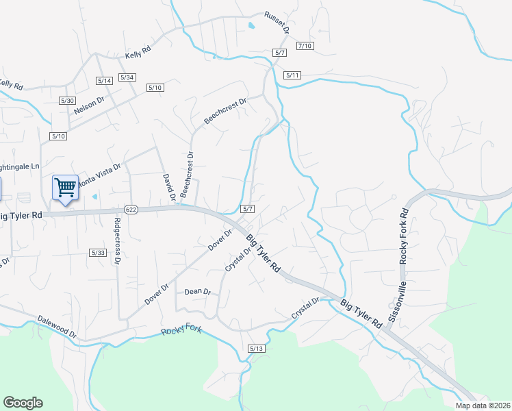 map of restaurants, bars, coffee shops, grocery stores, and more near 5205-5207 Walnut Valley Drive in Cross Lanes