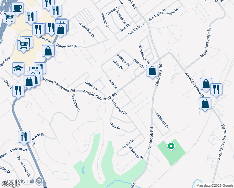 map of restaurants, bars, coffee shops, grocery stores, and more near 1240 Arnold Tenbrook Road in Arnold