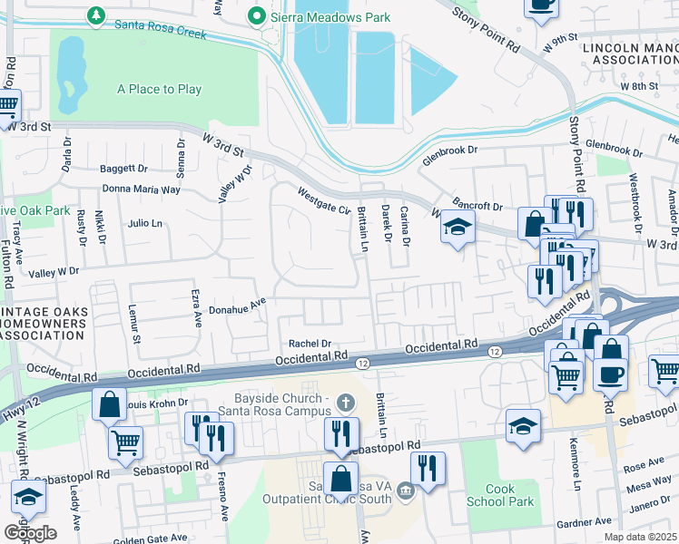 map of restaurants, bars, coffee shops, grocery stores, and more near 238 Regency Court in Santa Rosa
