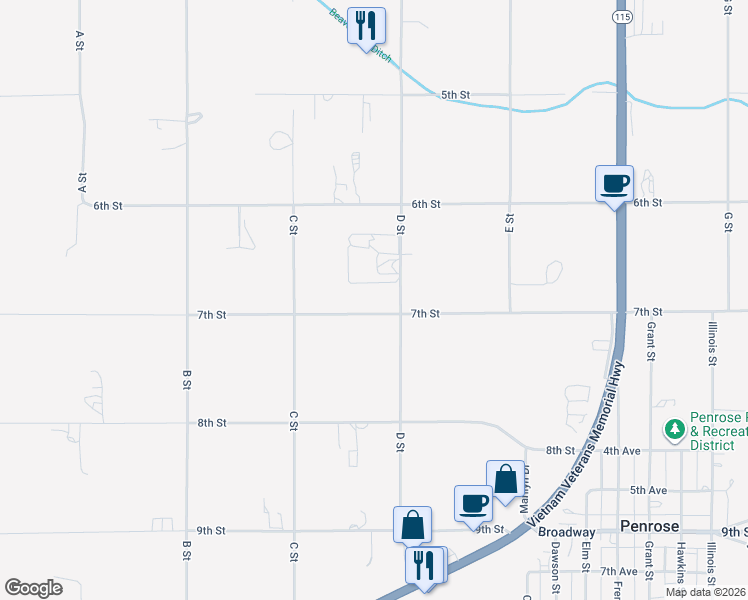 map of restaurants, bars, coffee shops, grocery stores, and more near 385 7th Street in Penrose