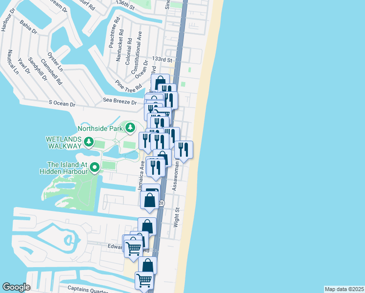 map of restaurants, bars, coffee shops, grocery stores, and more near 12705 Assawoman Drive in Ocean City