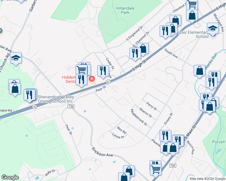 map of restaurants, bars, coffee shops, grocery stores, and more near 151 Howard Lane in Harrisonburg