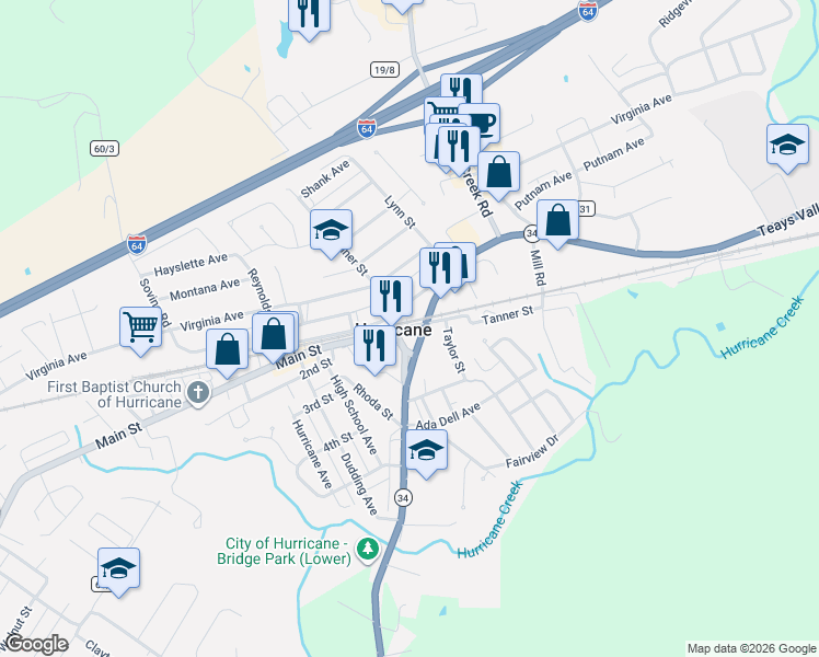 map of restaurants, bars, coffee shops, grocery stores, and more near in Hurricane