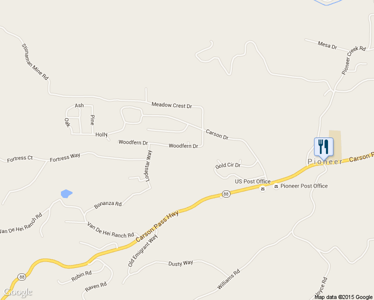 map of restaurants, bars, coffee shops, grocery stores, and more near 23954 Woodfern Drive in Pioneer