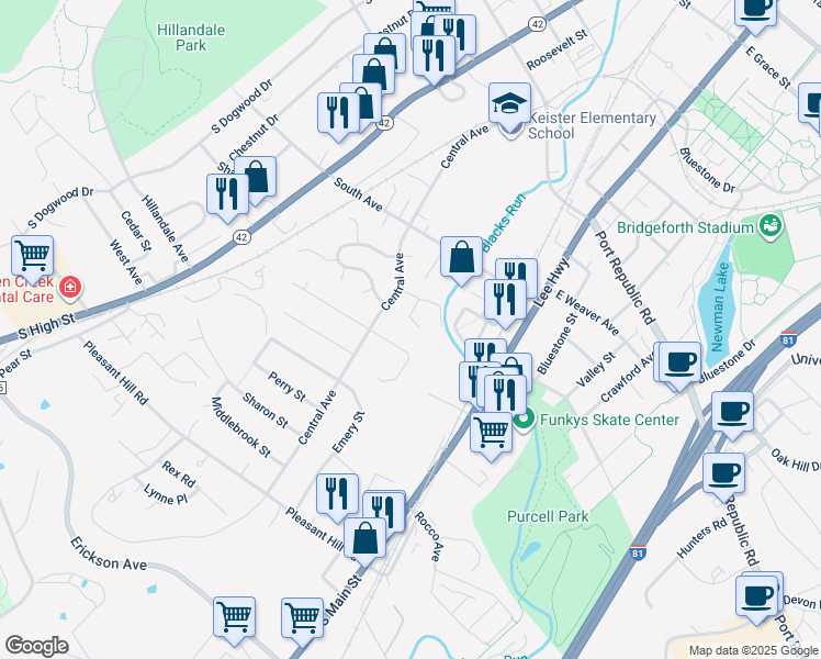 map of restaurants, bars, coffee shops, grocery stores, and more near 57 East Hampton Court in Harrisonburg