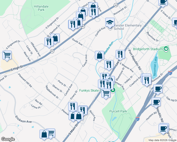 map of restaurants, bars, coffee shops, grocery stores, and more near 56 East Hampton Court in Harrisonburg