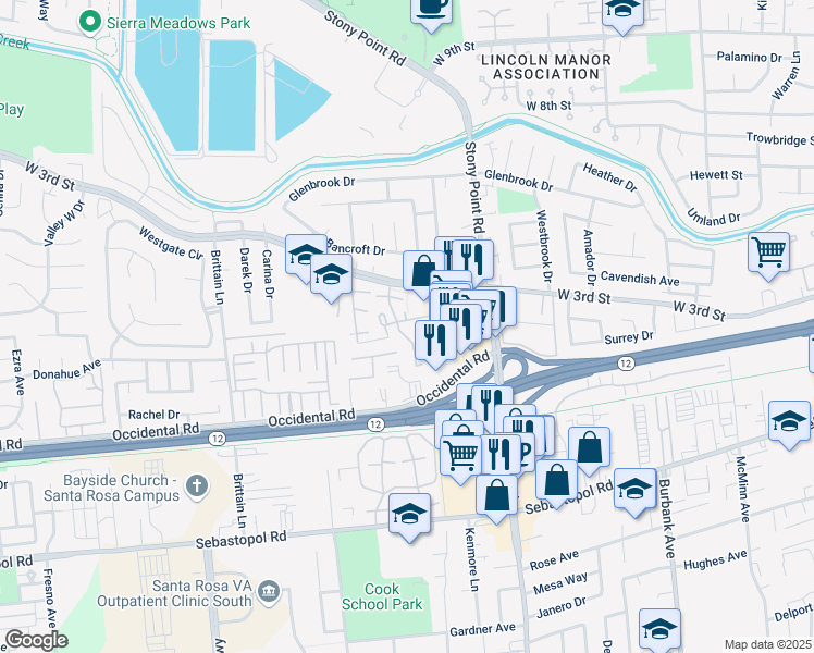 map of restaurants, bars, coffee shops, grocery stores, and more near 1720 Oldfield Way in Santa Rosa