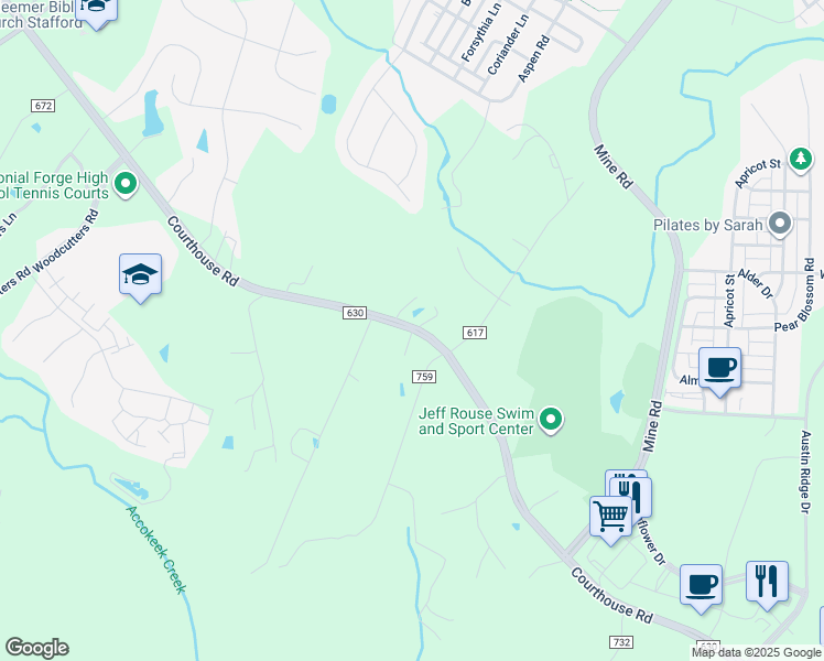 map of restaurants, bars, coffee shops, grocery stores, and more near 44 Rollinswood Lane in Stafford