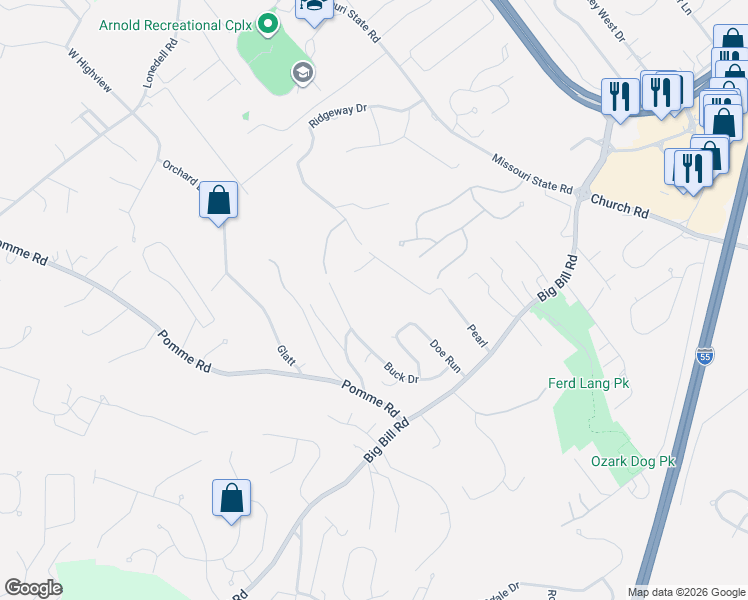 map of restaurants, bars, coffee shops, grocery stores, and more near 1924 Jennifer Lynn Lane in Arnold