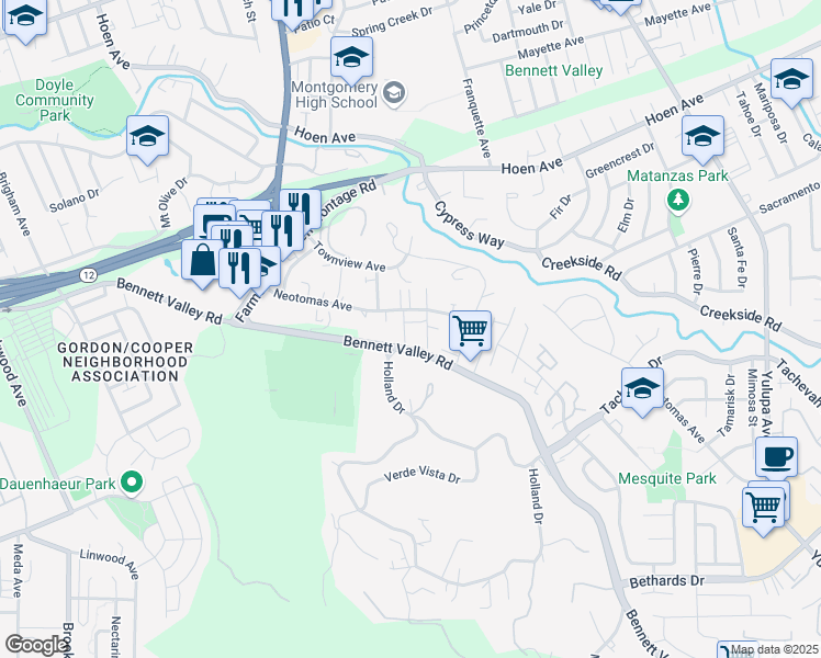 map of restaurants, bars, coffee shops, grocery stores, and more near 1530 Monterey Drive in Santa Rosa