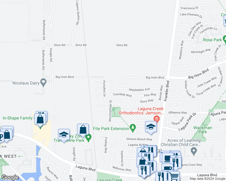 map of restaurants, bars, coffee shops, grocery stores, and more near 8937 Warmsprings Street in Elk Grove