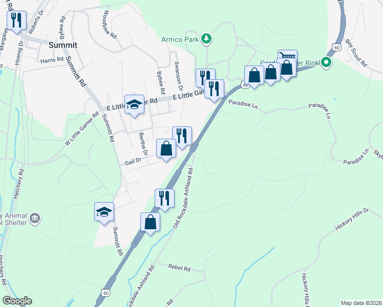 map of restaurants, bars, coffee shops, grocery stores, and more near 1226 Old Rockdale-Ashland Road in Ashland
