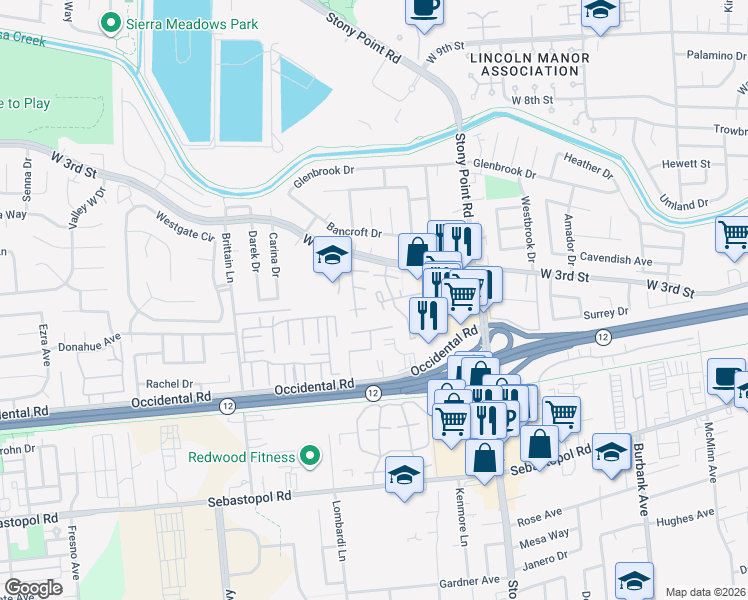 map of restaurants, bars, coffee shops, grocery stores, and more near 365 Gate Way in Santa Rosa