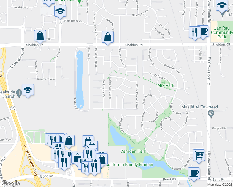 map of restaurants, bars, coffee shops, grocery stores, and more near 8949 Panamint Court in Elk Grove