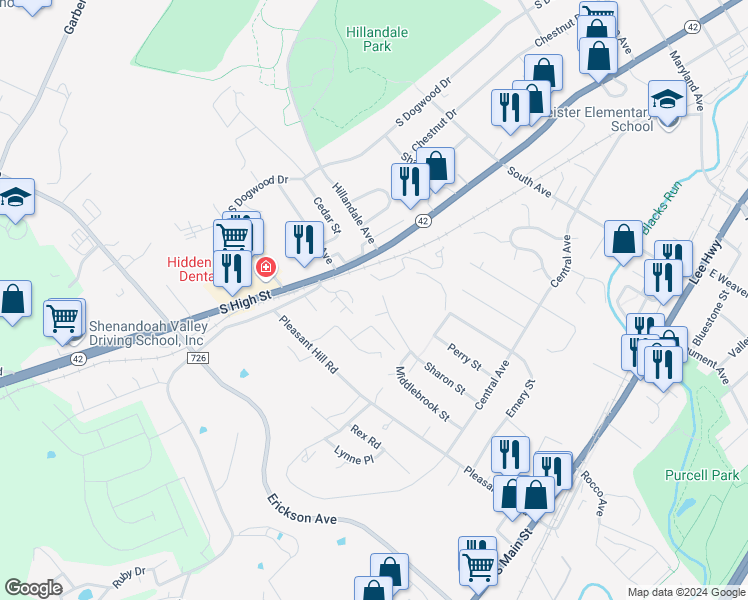map of restaurants, bars, coffee shops, grocery stores, and more near 145 Sharon Street in Harrisonburg