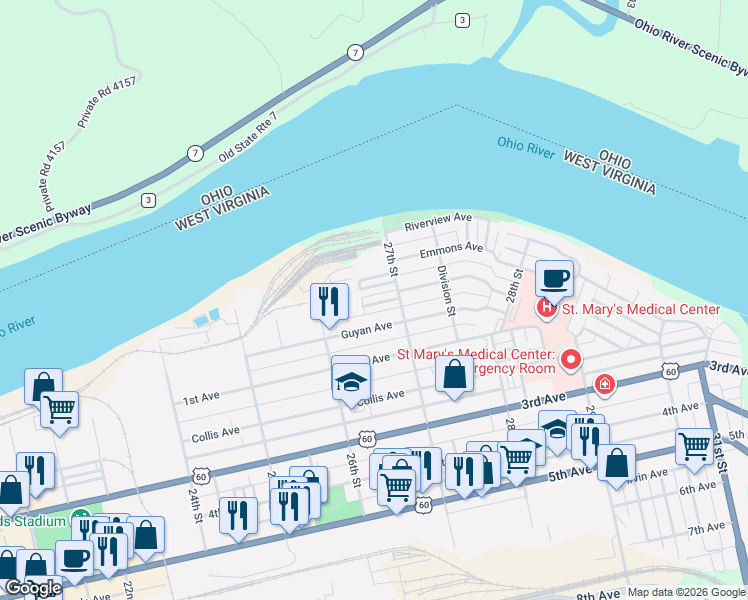 map of restaurants, bars, coffee shops, grocery stores, and more near 2648 Chesterfield Avenue in Huntington