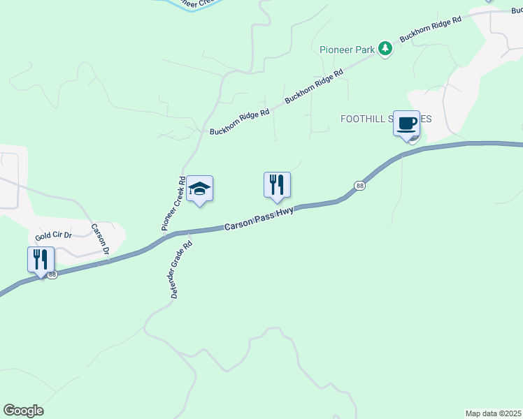 map of restaurants, bars, coffee shops, grocery stores, and more near 24881 California 88 in Pioneer