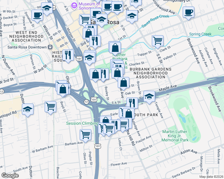 map of restaurants, bars, coffee shops, grocery stores, and more near 410 Bosley Street in Santa Rosa