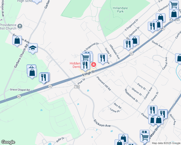 map of restaurants, bars, coffee shops, grocery stores, and more near 1751 South High Street in Harrisonburg