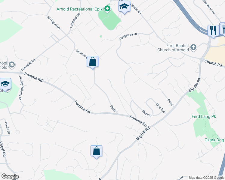 map of restaurants, bars, coffee shops, grocery stores, and more near 1955 Valmont Drive in Arnold
