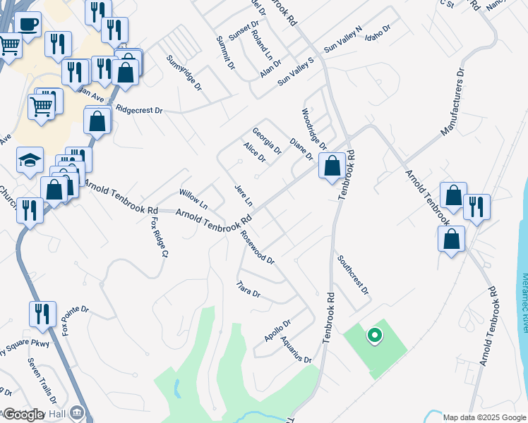 map of restaurants, bars, coffee shops, grocery stores, and more near 1240 Arnold Tenbrook Road in Arnold