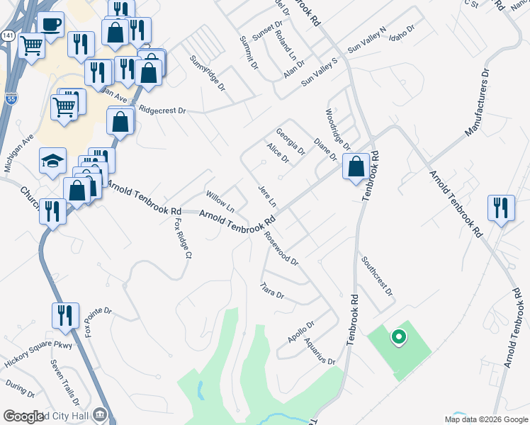 map of restaurants, bars, coffee shops, grocery stores, and more near 2673 Jere Lane in Arnold