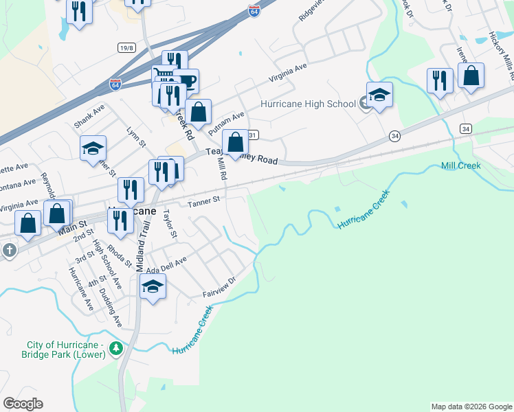 map of restaurants, bars, coffee shops, grocery stores, and more near 140 Gavin Lane in Hurricane