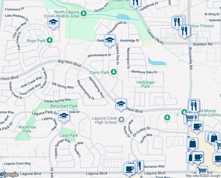 map of restaurants, bars, coffee shops, grocery stores, and more near 8930 Marlayana Court in Elk Grove