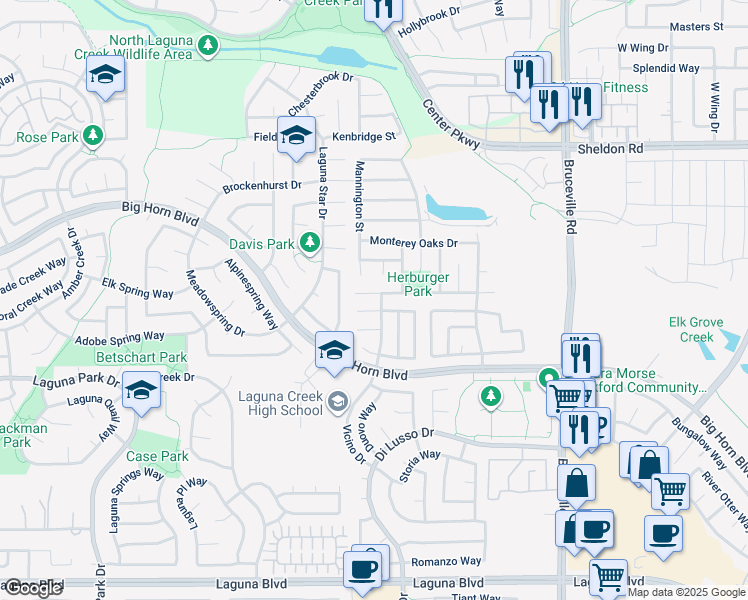 map of restaurants, bars, coffee shops, grocery stores, and more near 6608 Verandah Court in Elk Grove