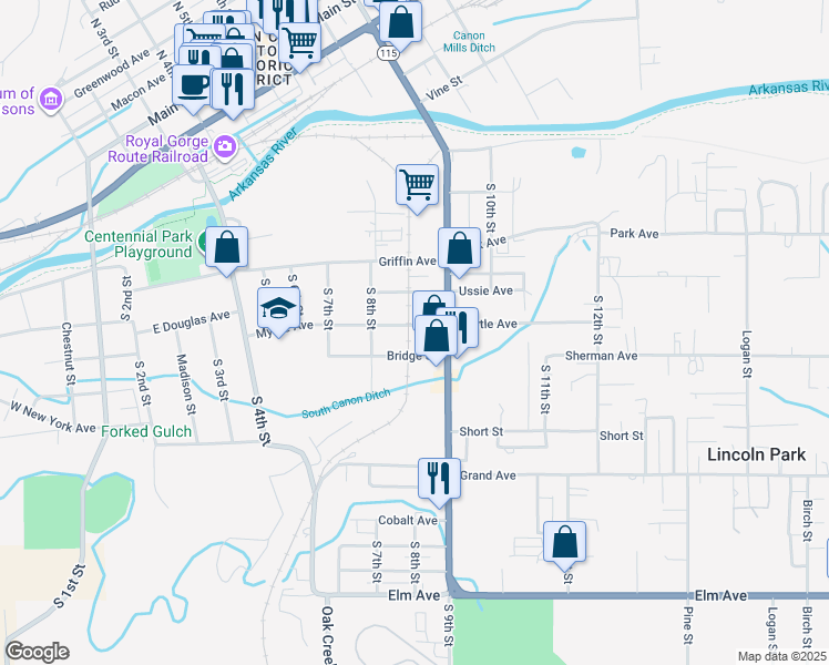 map of restaurants, bars, coffee shops, grocery stores, and more near 828 Myrtle Avenue in Cañon City