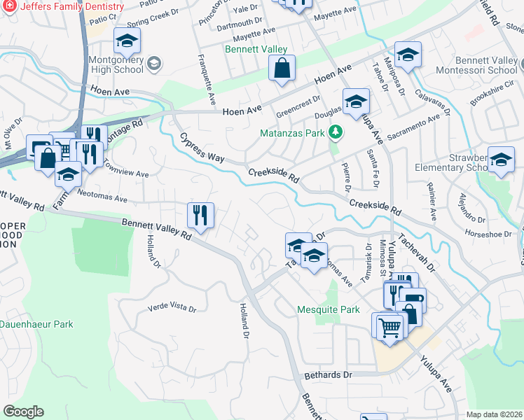 map of restaurants, bars, coffee shops, grocery stores, and more near 2501 Eastmoor Drive in Santa Rosa