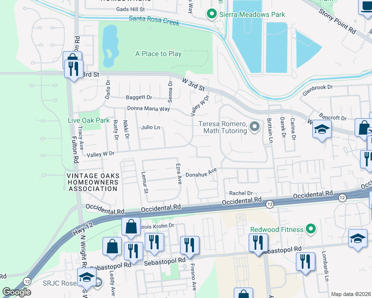 map of restaurants, bars, coffee shops, grocery stores, and more near 2360 Valley West Drive in Santa Rosa