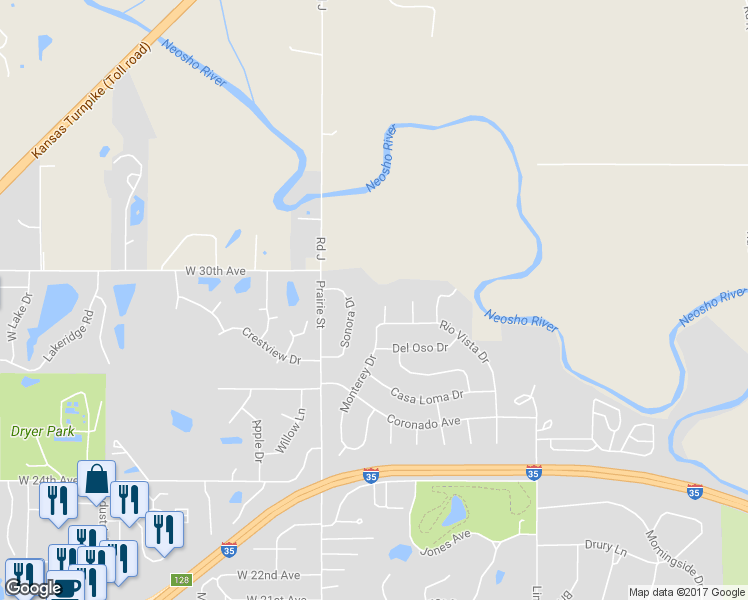 map of restaurants, bars, coffee shops, grocery stores, and more near 3013 Izquierdo Court in Emporia