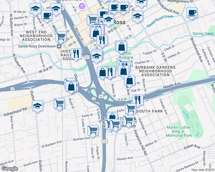 map of restaurants, bars, coffee shops, grocery stores, and more near 430 South A Street in Santa Rosa