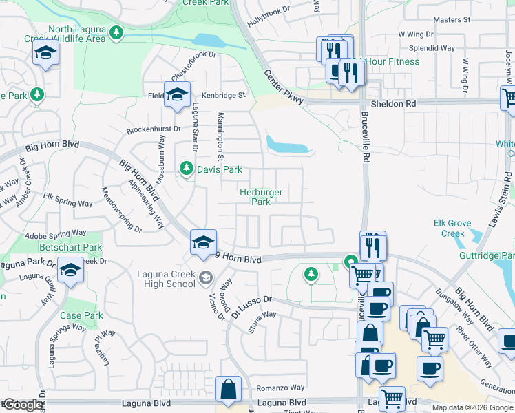 map of restaurants, bars, coffee shops, grocery stores, and more near 6808 Peninsula Way in Elk Grove