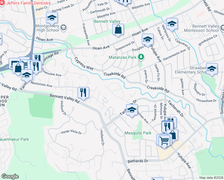 map of restaurants, bars, coffee shops, grocery stores, and more near 2501 Eastmoor Drive in Santa Rosa