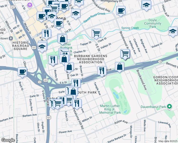 map of restaurants, bars, coffee shops, grocery stores, and more near 737 Oak Street in Santa Rosa