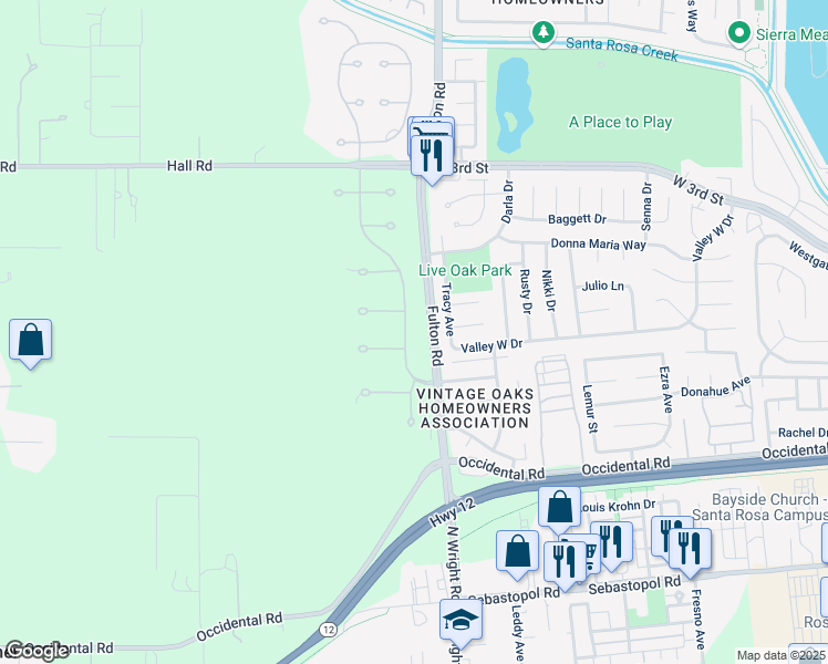 map of restaurants, bars, coffee shops, grocery stores, and more near 324 Countryside Drive in Santa Rosa