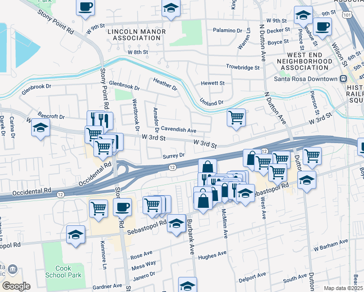 map of restaurants, bars, coffee shops, grocery stores, and more near 503 Surrey Drive in Santa Rosa