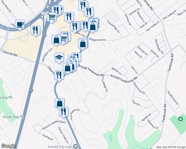 map of restaurants, bars, coffee shops, grocery stores, and more near 2503 Arnold Tenbrook Road in Arnold