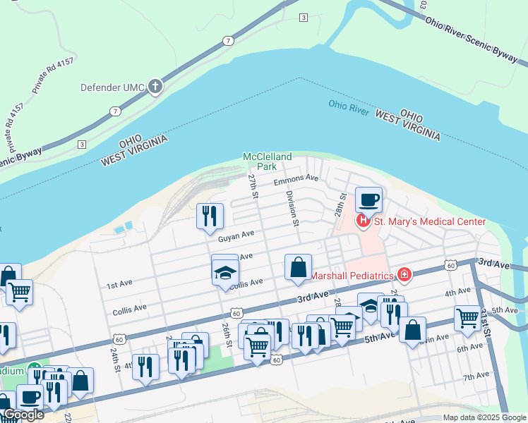 map of restaurants, bars, coffee shops, grocery stores, and more near 30 27th Street in Huntington