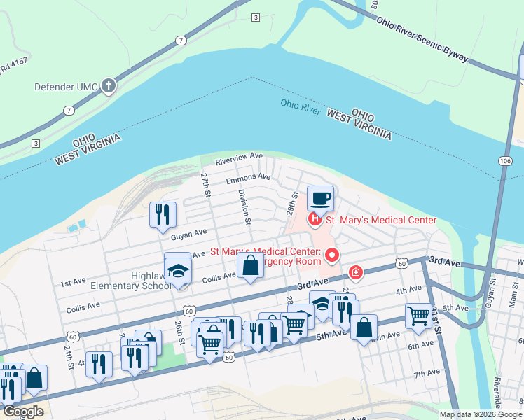 map of restaurants, bars, coffee shops, grocery stores, and more near 2762 Alley in Huntington