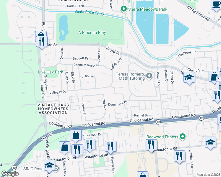 map of restaurants, bars, coffee shops, grocery stores, and more near 2360 Valley West Drive in Santa Rosa